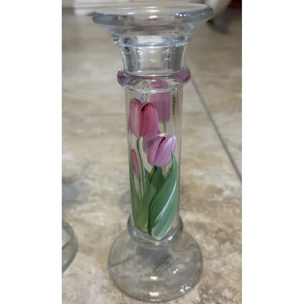 Christine Schreiber Forget-Me-Not Hand Painted Glass Candlesticks Tulips Pair